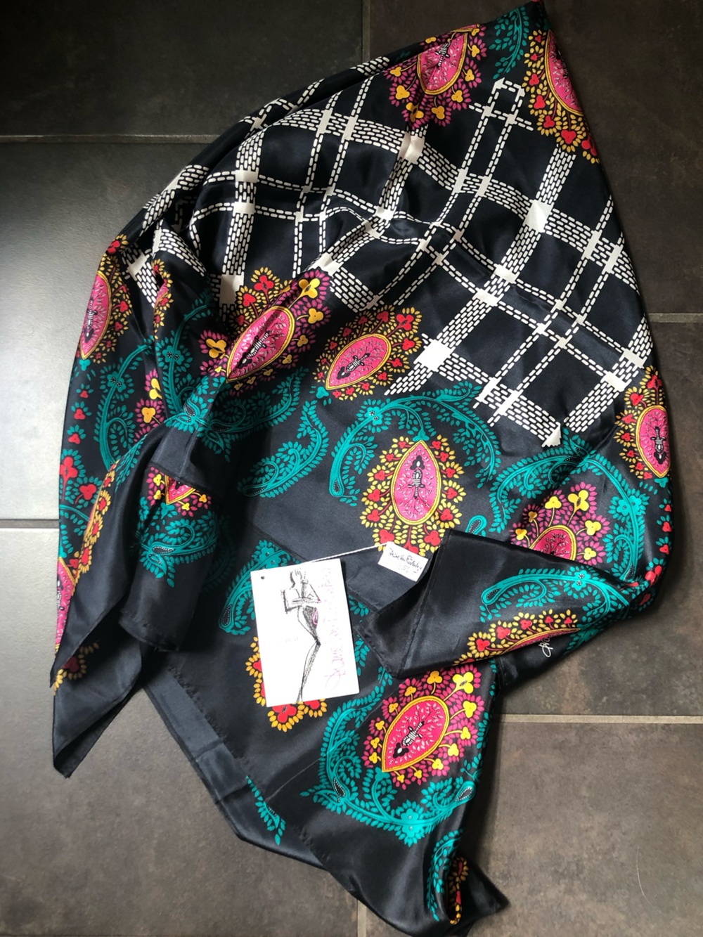 Diane Von Furstenberg Black Scarf with Teal & Pink Paisley Designs